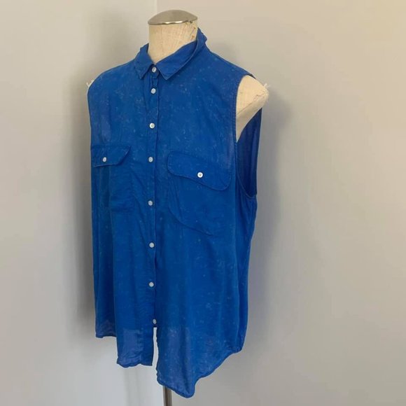 Acid Wash Blue Sleeveless Button Down, M/L - Picture 3 of 6